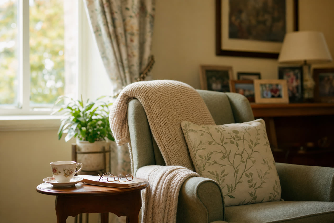 A sunlit living room in a small care home, with a comfortable armchair, a knitted throw, a cup of tea, and family photographs.