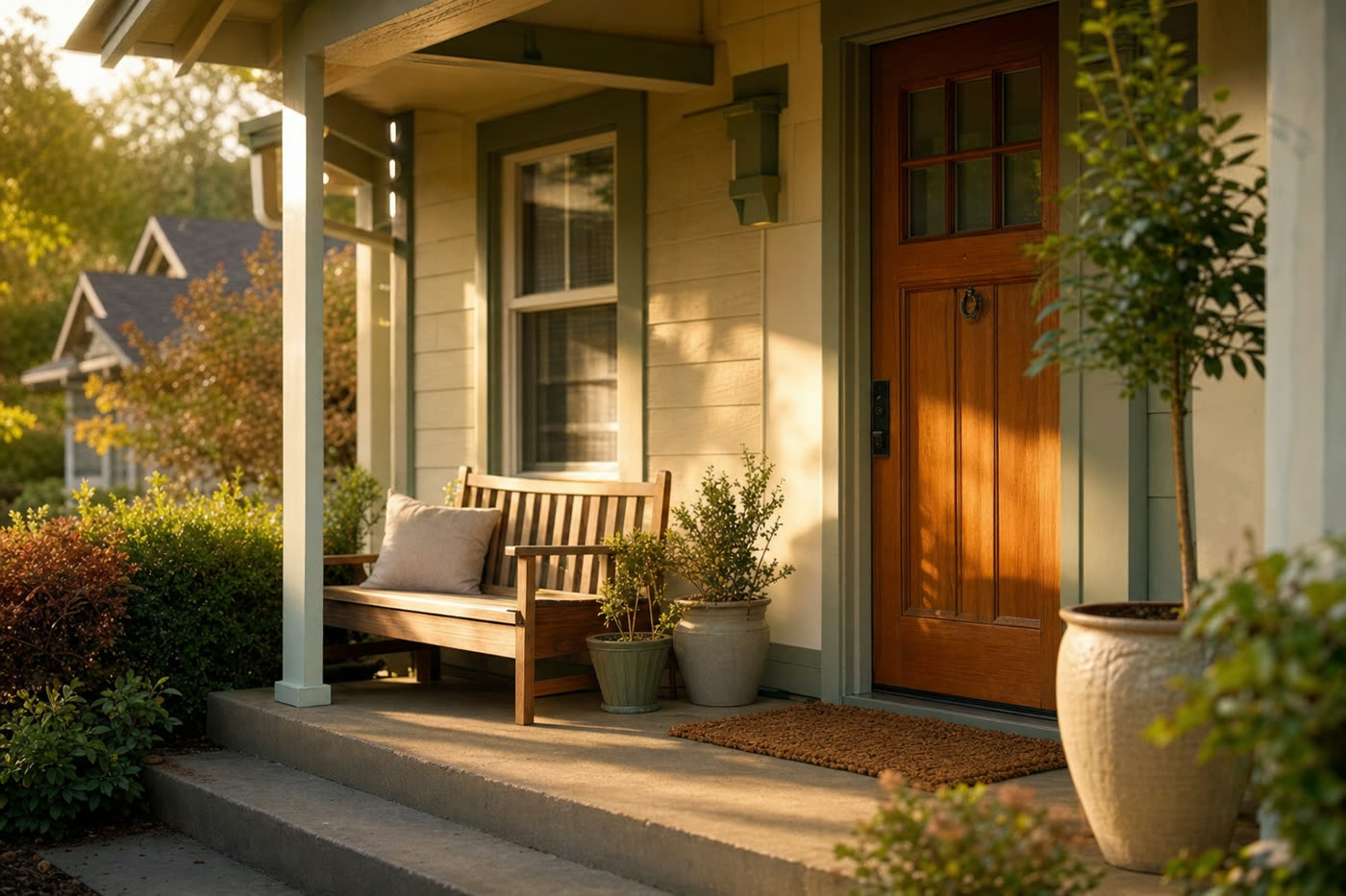 The welcoming front porch of a modest home in warm afternoon light, with a wooden door, a bench, and potted plants.